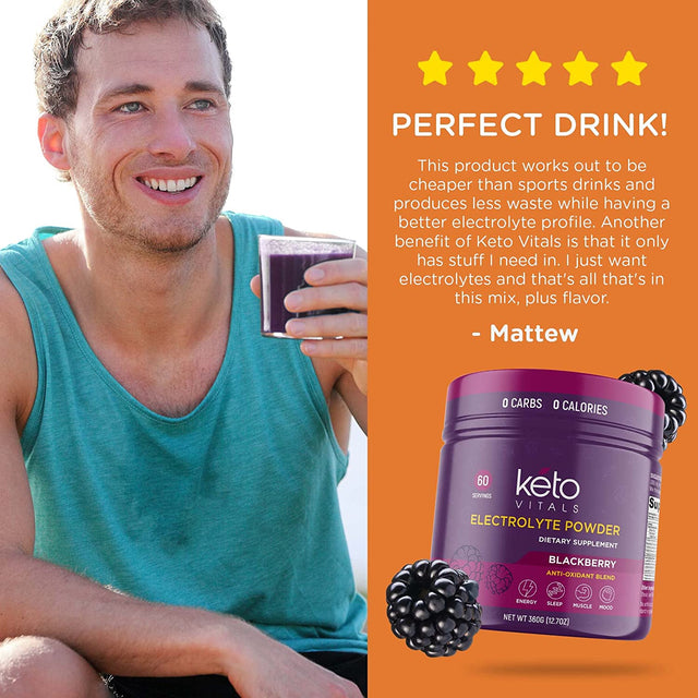 Keto Vitals Electrolyte Powder - Sugar Free Keto Electrolytes Powder with Potassium, Magnesium, Sodium, & Calcium - No Sugar Electrolyte Drink Mix & Hydration Powder, 60 Servings, Blackberry