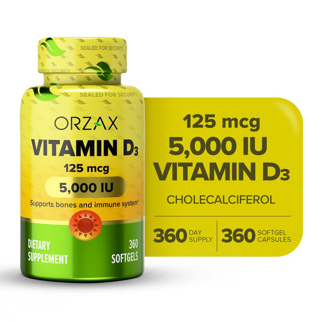 ORZAX Vitamin D3 5000 Iu, 360 Days Supply, 125 Mcg Vitamin D3 Mini Softgel, 360 Count