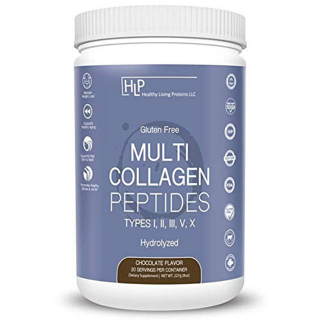 Healthy Living Proteins | Multi Hydrolyzed Collagen Peptides Type I, II, III, V, & X | Grass Fed Bovine, Wild Caught Marine, Free Range Chicken | Gluten Free (Chocolate, 8 Oz)