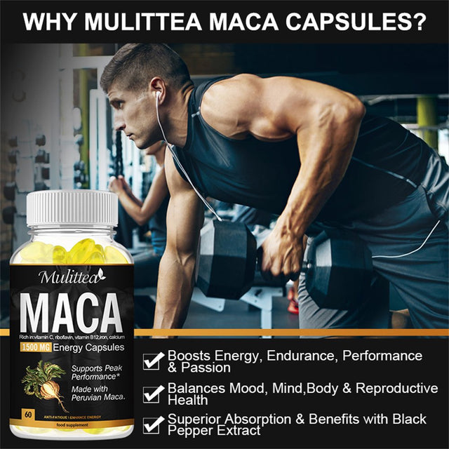 Mulittea 100% Pure Maca Root Extract Capsules 1500Mg, Enhancing Energy Male Supplement, Non-Gmo