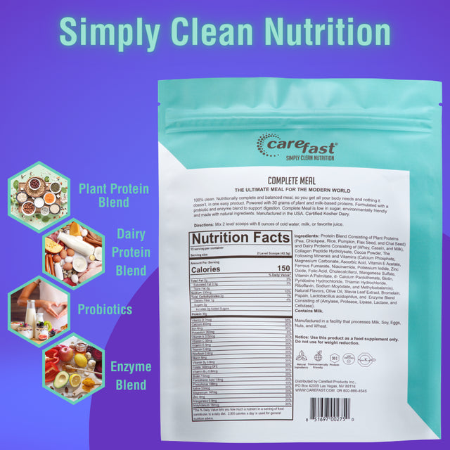 Carefast Complete Meal Replacement Powder Shake Drink Mix - Chocolate Flavored - 30G of Plant & Dairy Based Natural Protein - 20 Vitamins & Minerals - Delicious Healthy Low Carb Lean Diet Smoothie