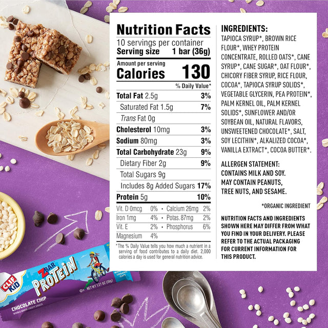 CLIF KID ZBAR - Protein Granola Bars - Chocolate Chip - Non-Gmo - Organic -Lunch Box Snacks (1.27 Ounce Energy Bars, 10 Count)