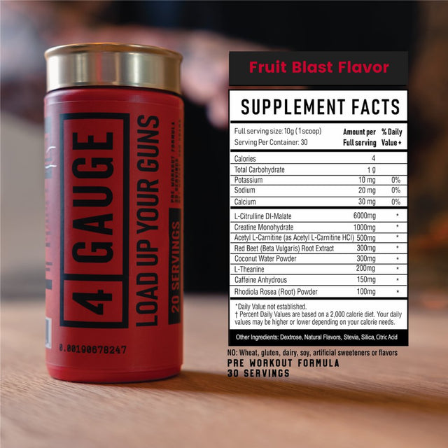 4 GAUGE Preworkout - Delicious, Smooth, Long Lasting Energy without the Crash - No Artificial Sweeteners - Fruit Blast Flavor - 30 Servings - L-Citrulline Nitric Oxide Booster