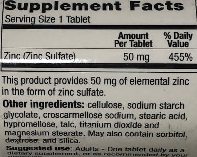 Zinc Sulfate 50Mg Equivalent to Zinc 220. 100 Tablets