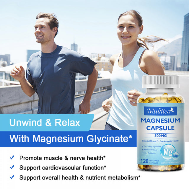 Mulittea Magnesium Capsules 500Mg Supports Muscle, Joint and Heart Health, Maximum Absorption Magnesium (Glycinate) Supplements, 120 Capsules