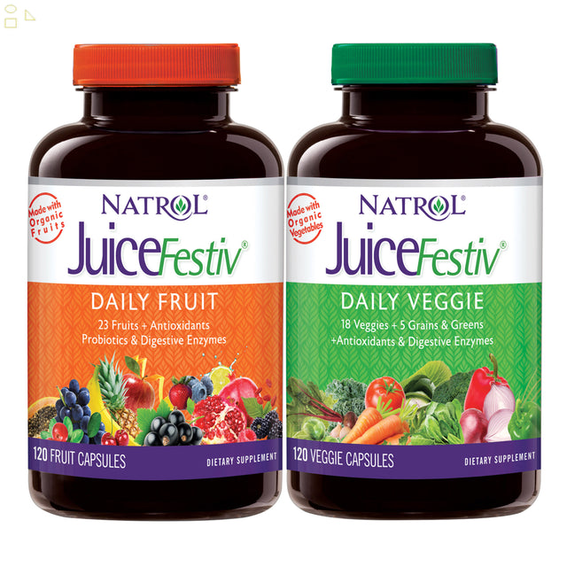 Natrol Juicefestiv Daily Fruit & Veggie, 240 Capsules | 120 Fruitfestiv Capsules and 120 Veggiefestiv Capsules