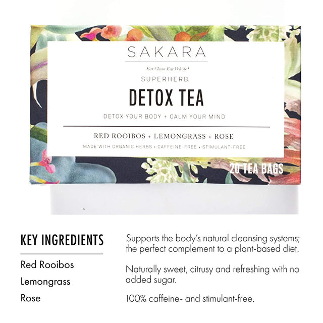 Sakara Detox Tea, 20 Bags - Herbal Tea with Rose Petals, Lemon Peel, Lemongrass, Orange Peel, & Rooibos, Organic Tea Bags for Digestive Health, Body Detox Decaf Tea, Caffeine Free Tea, Digestive Tea