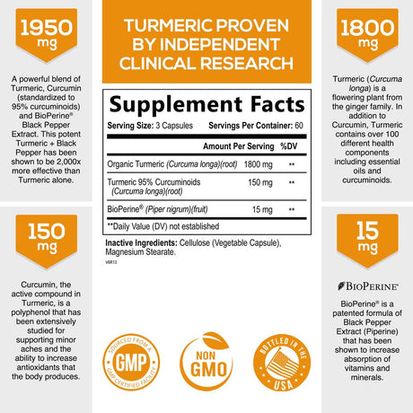 Turmeric Curcumin with Bioperine 1950Mg, 95% Standardized Curcuminoids - Black Pepper for Max Absorption, Herbal Joint Support, Nature'S Tumeric Extract Supplement Non-Gmo - 180 Capsules