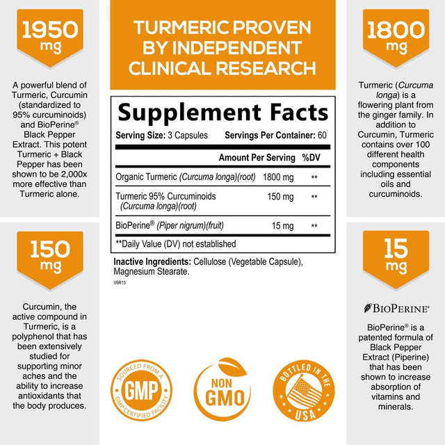 Turmeric Curcumin with Bioperine 1950Mg, 95% Standardized Curcuminoids - Black Pepper for Max Absorption, Herbal Joint Support, Nature'S Tumeric Extract Supplement Non-Gmo - 180 Capsules