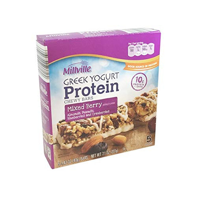 Millville Greek Yogurt Naturally Flavored Mixed Berry with Almonds, Cranberries, Blueberries, Peanuts Protein Chewy Bars - 5 Ct.