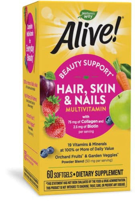 Nature'S Way Alive! Hair, Skin & Nails Multivitamin with Biotin and Collagen, 60 Softgels