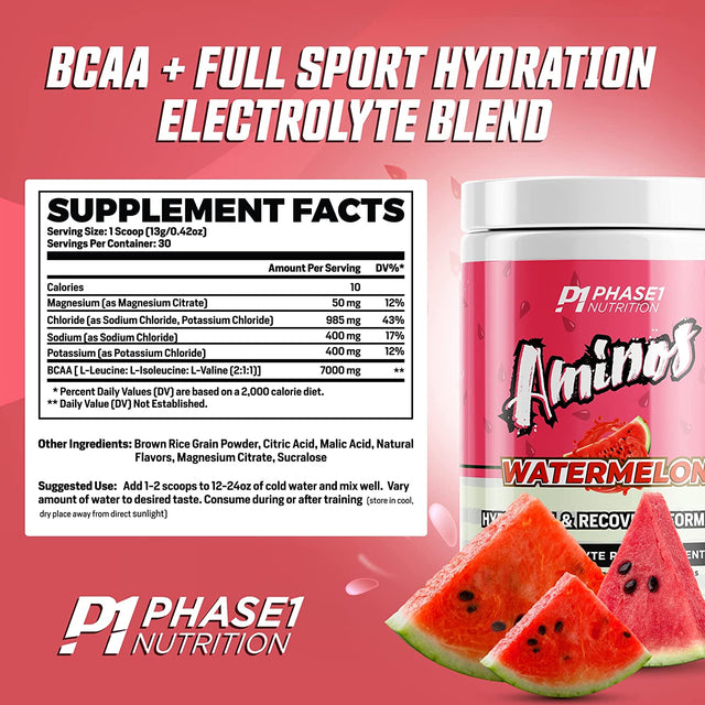 Hydration Aminos Supplement for Muscle Recovery Protein Synthesis Boost - Watermelon - Phase 1 Nutrition BCAA + Electrolyte Blend - Branched Chain Amino Acids for Inter and Post Workout