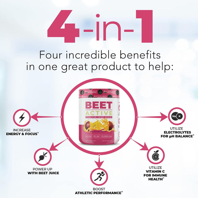 Beet Active - All-Natural Pre-Workout - Beet Root for Antioxidants and Stronger Nitric Oxide Levels - Yerba Mate for Energy and Focus with Vitamin C and Electrolytes, Gluten Free - Passion Fruit