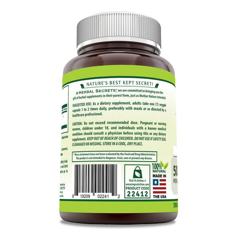 Herbal Secrets Maca Root Capsules 500 Mg per Serving 500 Veggie Capsules Supplement | Non-Gmo | Gluten Free | Made in USA | Suitable for Vegetarians