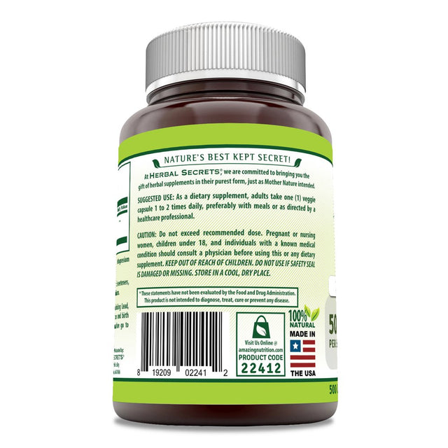 Herbal Secrets Maca Root Capsules 500 Mg per Serving 500 Veggie Capsules Supplement | Non-Gmo | Gluten Free | Made in USA | Suitable for Vegetarians