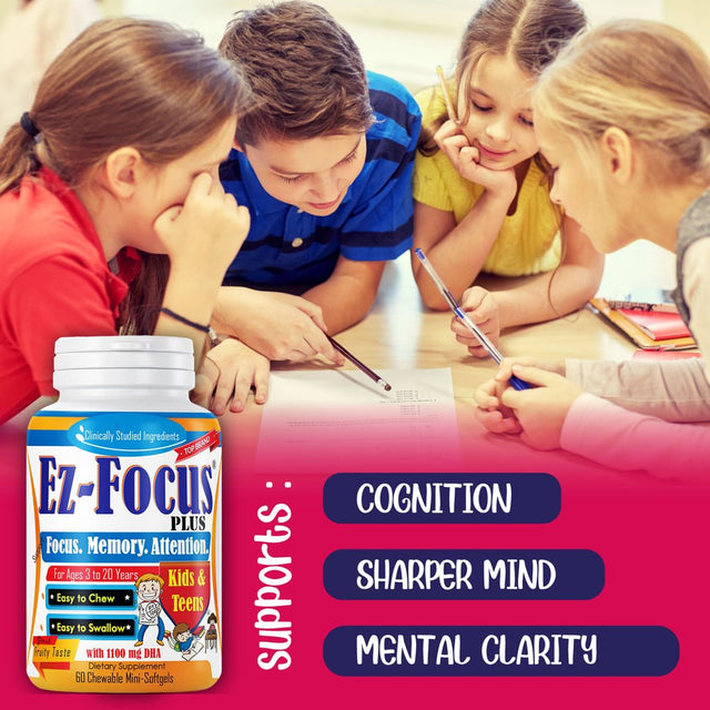 Ez Focus plus Brain Booster Kids Supplements, Support Kids Focus and Attention, Memory, Concentration, Clarity, Focus Supplement for Children and Teens, Brain Support Kids Memory Vitamins- 60 Ct