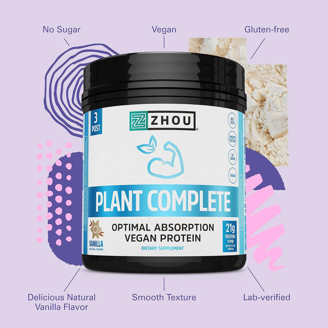 Zhou Nutrition Plant Based Vegan Protein Powder, Best Absorption Digest Score, Complete Amino Acid Profile, Dairy Free, Soy Free, Gluten Free, Sugar Free, Vanilla, 21G Protein, 16 Servings