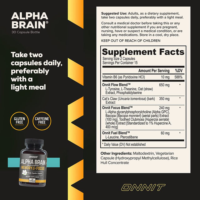 Onnit Alpha Brain Premium Nootropic Brain Supplement, 30 Count, for Men & Women - Caffeine-Free Focus Capsules for Concentration, Brain & Memory Support - Brain Booster Cat'S Claw, Bacopa, Oat Straw