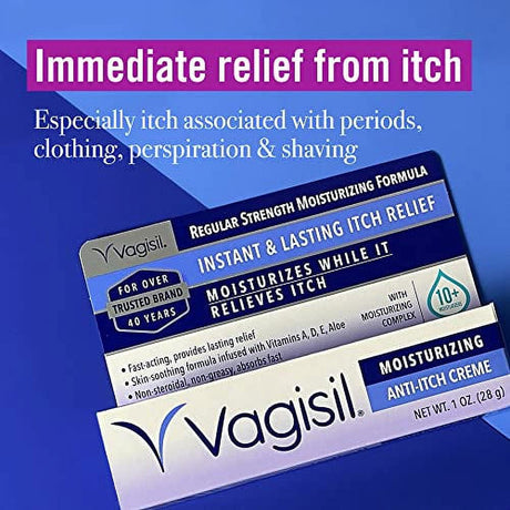 Vagisil Regular Strength Anti-Itch Moisturizing Feminine Cream for Women, Gynecologist Tested, Hypoallergenic, Fast-Acting and Long-Lasting Itch Relief, Vaginal Moisturizer Soothes and Cools, 1 Oz