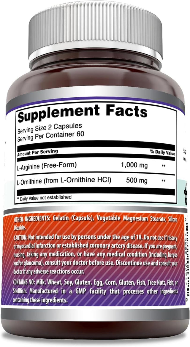 Amazing Formulas L-Arginine/L-Ornithine 1500 Mg per Serving, Capsules | Non-Gmo | Gluten Free | Amino Acid Supplement (120 Count)