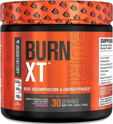 Jacked Factory Burn-Xt Powder for Men & Women - Improve Focus & Increase Energy - Premium Acetyl L-Carnitine, Green Tea Extract, Capsimax Cayenne Pepper, & More - 30 Sv, Strawberry Lemonade