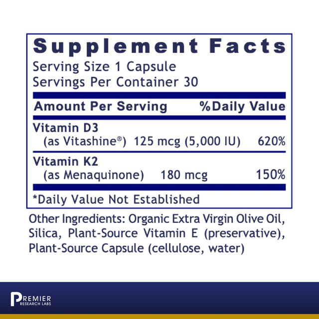 Premier Research Labs Vitamin D3+K2 - Supports Bone & Heart Health - Vegan, Gluten-Free - 30 Plant-Source Capsules