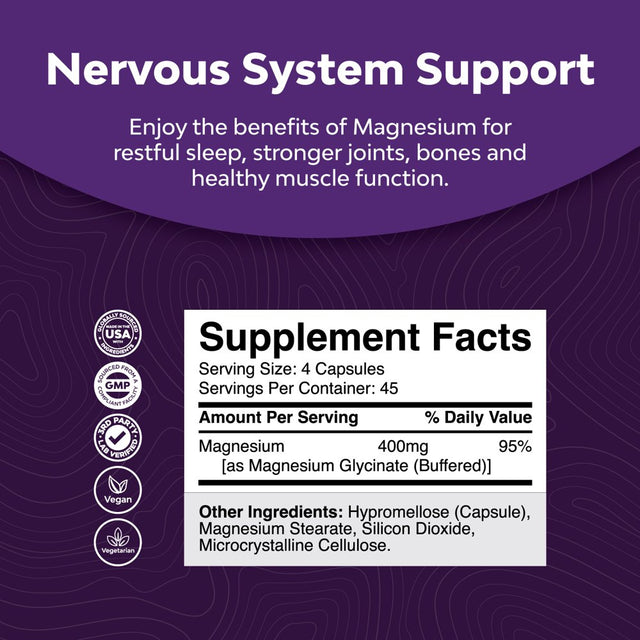 Pure Magnesium Glycinate Capsules for Adults - High Absorption Chelated Magnesium Glycinate for Women and Men Natural Sleep Support Immunity & Bone Health with 400Mg per Serving Elemental Magnesium