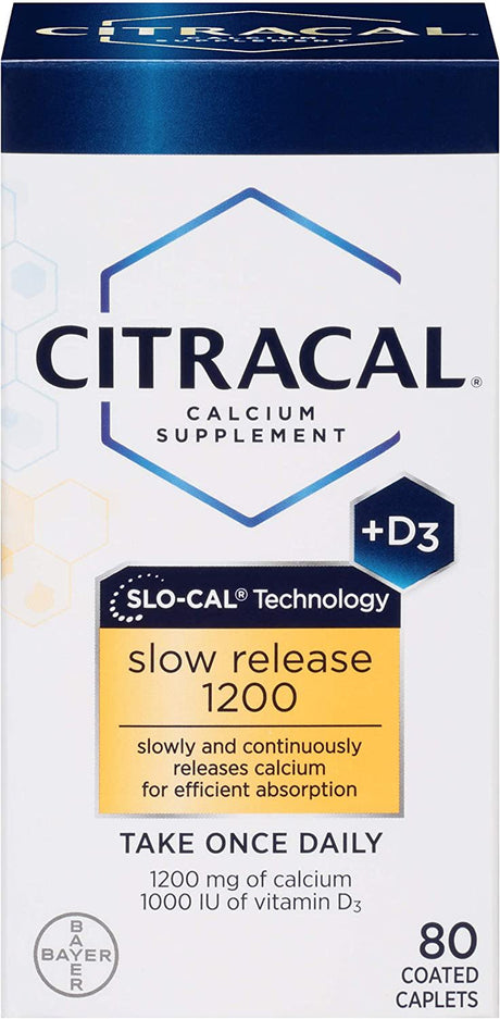 Citracal Slow Release 1200, 1200 Mg Calcium Citrate and Calcium Carbonate Blend with 1000 IU Vitamin D3, Bone Health Supplement for Adults, Once Daily Caplets, 80 Count