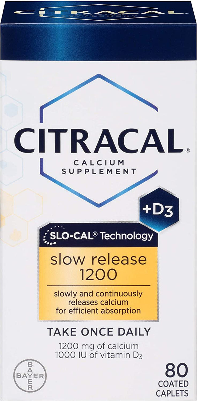 Citracal Slow Release 1200, 1200 Mg Calcium Citrate and Calcium Carbonate Blend with 1000 IU Vitamin D3, Bone Health Supplement for Adults, Once Daily Caplets, 80 Count