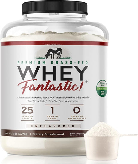 Whey Fantastic Unflavored - 100% Natural Grass Fed Whey Protein Powder - Unique 3-Whey Blend of Whey Isolate, Concentrate & Hydrolysate Provides 25G of Protein per Serving - 5Lb - 75 Servings