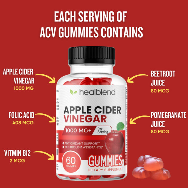 Healblend Apple Cider Vinegar Gummies - ACV 1000Mg Advanced Weight Loss, Metabolism Booster, Antioxidant Support Supplement for Women & Men - 60 Gummy