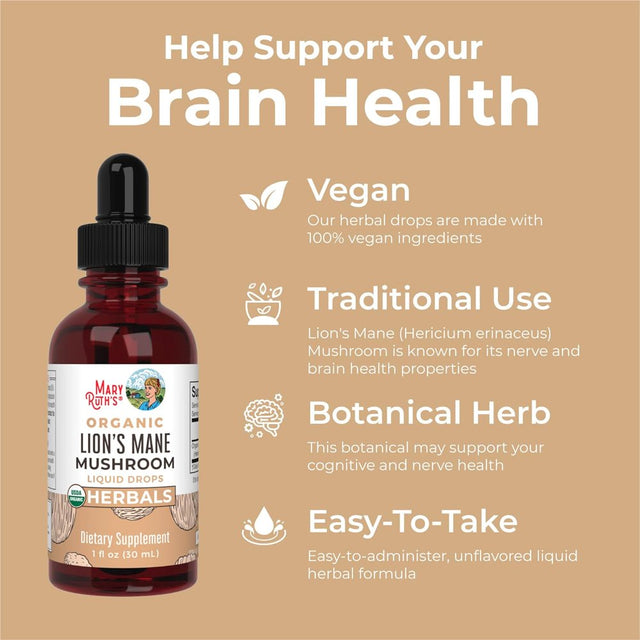 Maryruth'S | USDA Organic Lions Mane Mushroom Liquid Drops | Nootropic Herbal Supplement | Vegan, Non-Gmo | 1 Fl Oz / 30 Ml