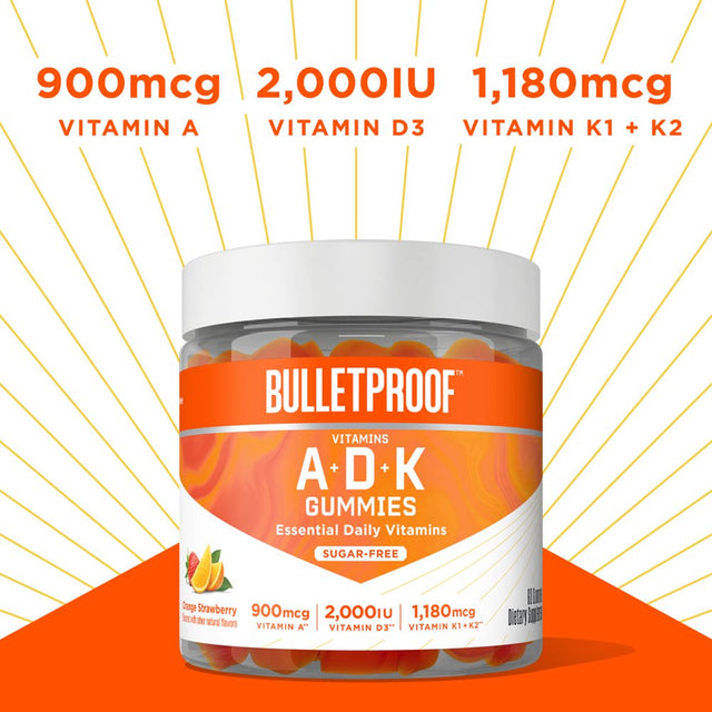 Vitamins A-D-K, 60 Sugar-Free Gummies, Strawberry Orange Flavor |1000Mcg K1, 900Mcg A, 180Mcg K2, 50Mcg D3 | High Potency Bulletproof Keto Supplement for Heart, Bone and Immune Support