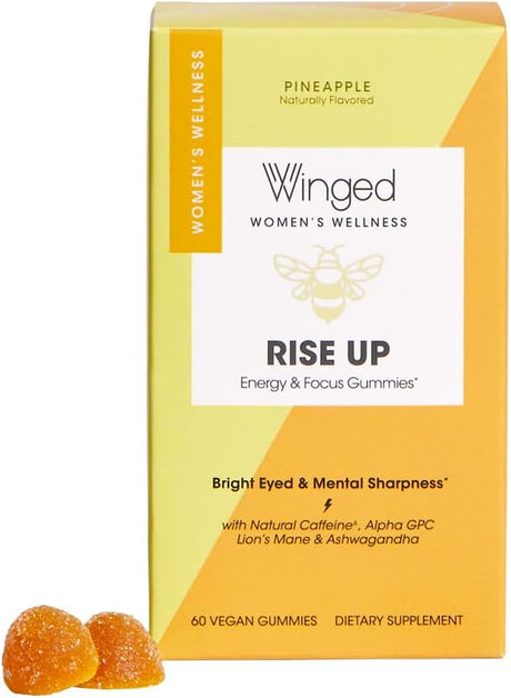 Winged Rise up Gummies | Energy & Brain Boost Supplement | Natural Caffeine, Ashwagandha & B12 for Energy | Nootropics Alpha-Gpc, Lion’S Mane & Huperzine a for Focus | Pineapple Flavor (30 Servings)