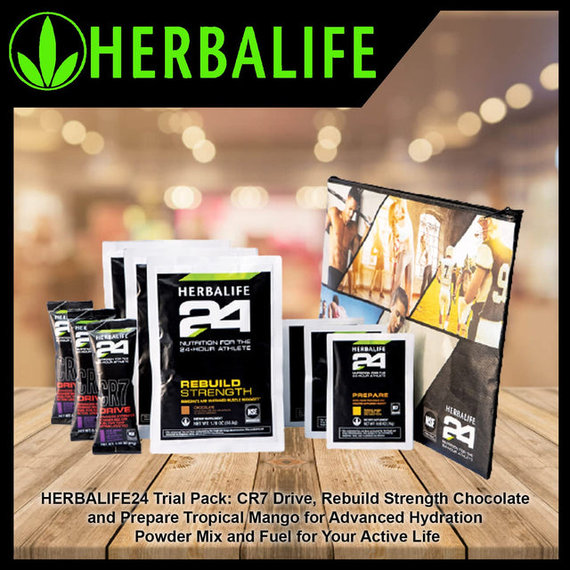 Herbalife24 Trial Pack: Cr7 Drive (3), Rebuild Strength Chocolate (3) and Prepare Tropical Mango for Advanced Hydration Powder Mix and Fuel for You Active Life (3)