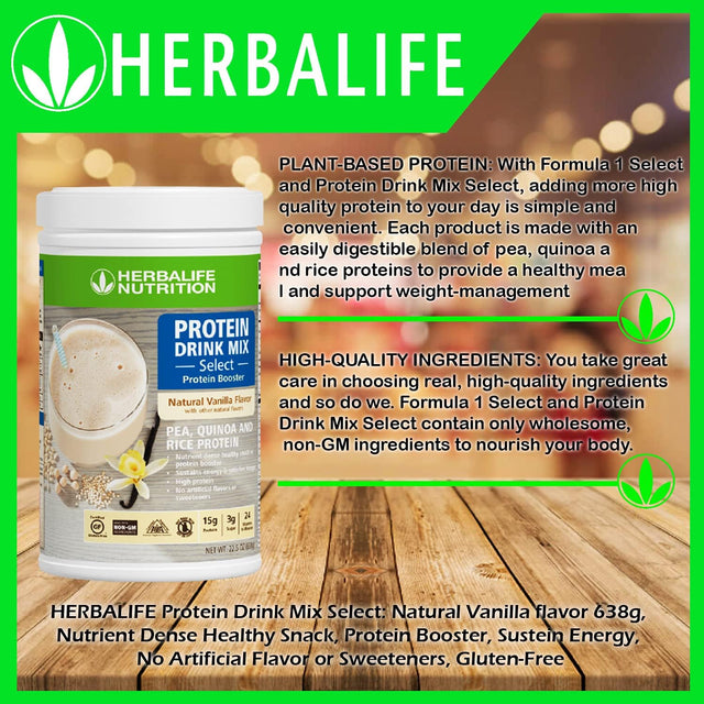 Herbalife Protein Drink Mix Select: Natural Vanilla Flavor 638G, Nutrient Dense Healthy Snack, Protein Booster, Sustein Energy, No Artificial Flavor or Sweeteners, Gluten-Free