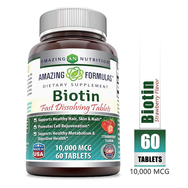 Amazing Formulas Biotin Fast Dissolving Tablets-10000 MCG Tablets (60 Count, Strawberry Flavor) (Non-Gmo, Gluten Free)-Supports Healthy Hair, Skin & Nails-Promotes Cell Rejuvenation.