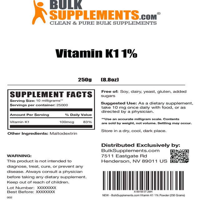 Bulksupplements.Com Vitamin K1 (1%) Powder - Vitamin K1 100 Mcg - Vitamin K Supplement - Dry Vitamin K - Vitamin K1 for Dogs (250 Grams)