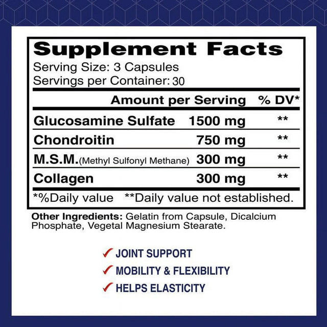 ALFLEXIL® Glucosamine, Chondroitin, Collagen, Hyaluronic Acid - Capsules Supplement for Joint & Bone Health - 90 Capsules