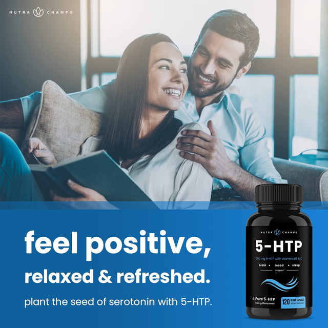 5-HTP 200Mg | 120 Vegan Capsules | 5 HTP Supplement to Support Stress Relief, Brain Health, Enhanced Mood, Sleep & Serotonin | Pure 5HTP 100Mg Pills plus Co-Factors Vitamin B6 & Vitamin C