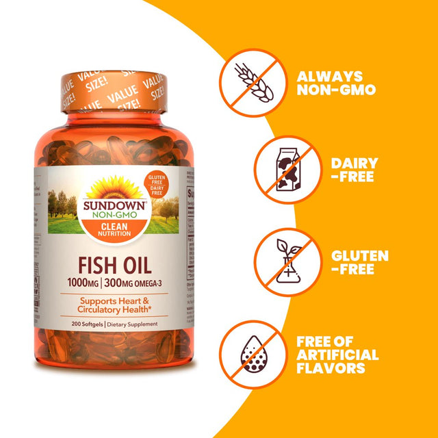 Sundown Fish Oil 1000 Mg, Omega 3 Dietary Supplement, Supports Heart Health, 200 Softgels