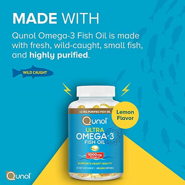 Qunol Omega 3 Fish Oil Mini Softgels, 1000Mg Ultra Pure Fish Oil, Heart Health Support, Omega 3 DHA Supplements, Lemon Flavor, 3 Month Supply, 180 Count