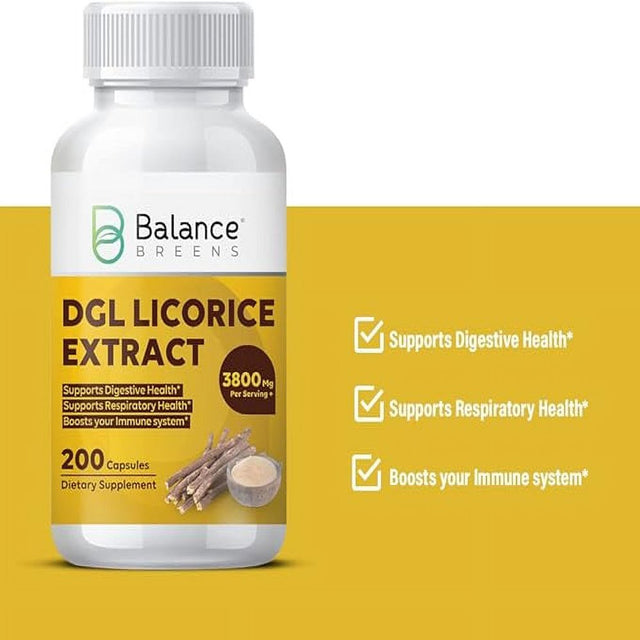 Balancebreens DGL Deglycyrrhizinated Licorice 3800 Mg Supplement - 200 Non-Gmo Capsules - Digestive Enzymes, Promote Gut Health, Acid Reflux, Digestion and Heartburn Support