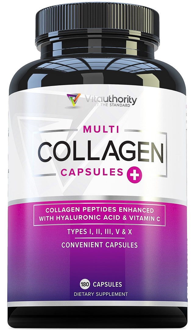 Vitauthority Multi Collagen Pills for Women & Men - Hydrolyzed Collagen Peptides with Vitamin C and Hyaluronic Acid 180Ct