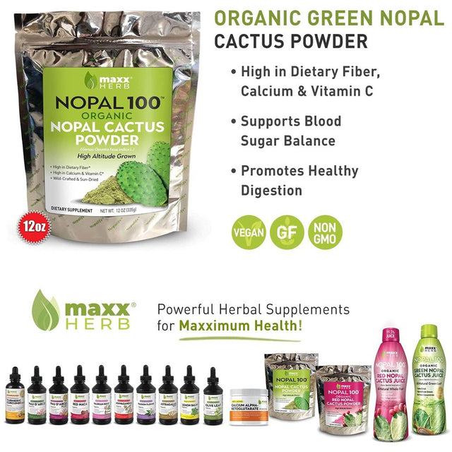 Maxx Herb Nopal Cactus Leaf Organic Fiber Powder for Gut Health & Immune Support, 12 Oz