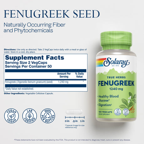 Solaray Fenugreek Seed 1240 Mg | Healthy Digestion & Stomach Comfort, Blood Sugar & Lactation Support | 100Ct, 50 Serv.