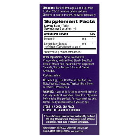 Natrol, Kids, Melatonin, Ages 4 Up, Strawberry, 40 Tablets