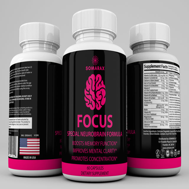 Focus – Brain Support Supplement - Memory Booster, Reduce Anxiety -60 Capsules by Somarax