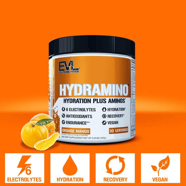 Evlution Nutrition HYDRAMINO Complete Hydration Multiplier, All 6 Electrolytes, Vitamin C & B, Fluid Boosting Aminos, Coconut Water, Endurance, Recovery, Antioxidants, 30 Serve, Orange Mango