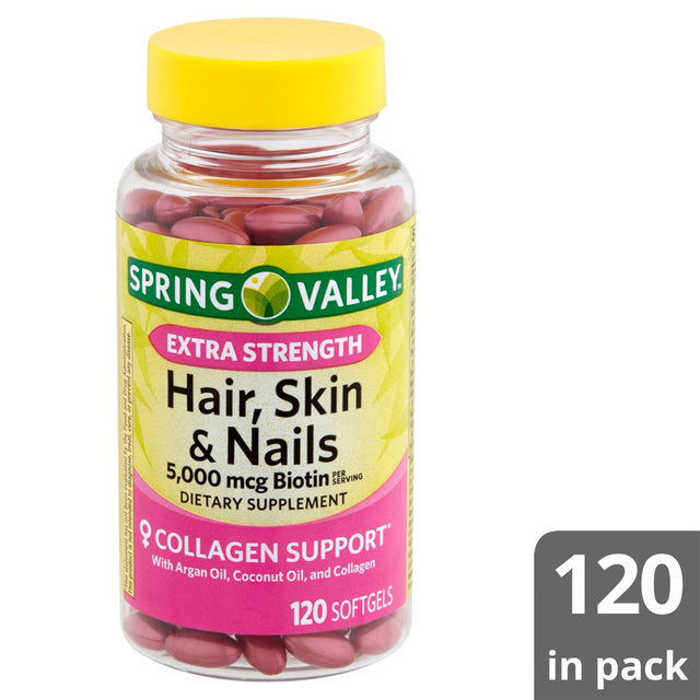 Spring Valley Hair, Skin & Nails Dietary Supplement Softgels, 5,000 Mcg Biotin, 120 Ct